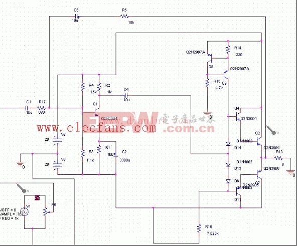 15W甲类分立元件功率放大器电路原理图