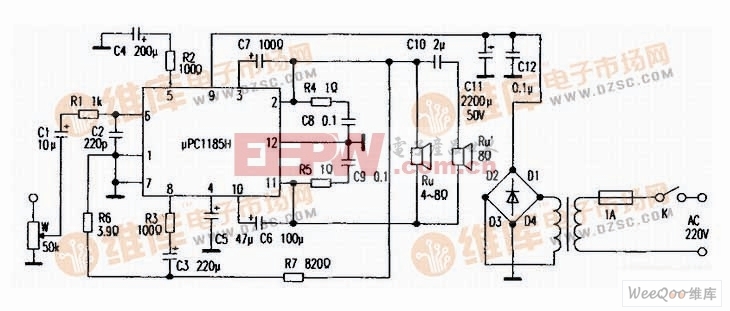μPC1185H简单17W功率放大器电路