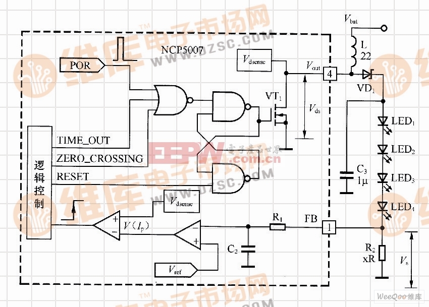 基于NCP5007的升压型LED的驱动电路工作原理图