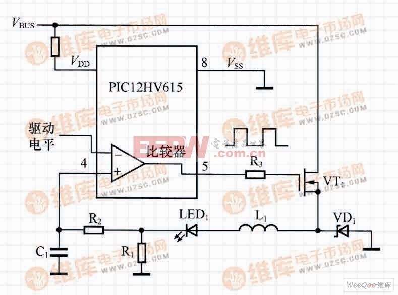 由PIC12HV615的比较器组成的降压型LED驱动电路