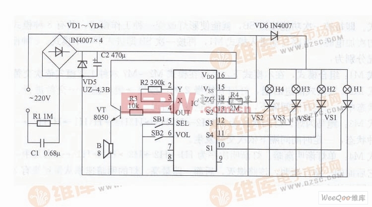 利用SC3160构成的四路双音多功能彩灯控制器电路