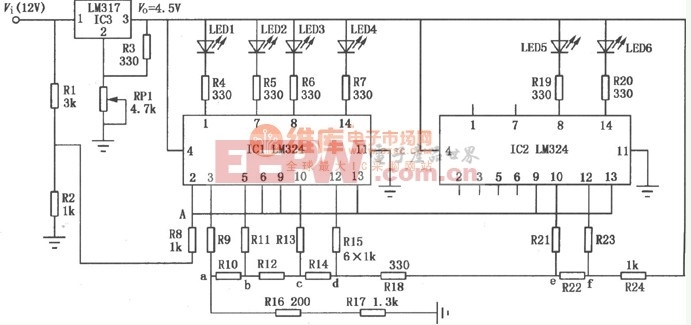 LM324设计的LED电压表电路脚本图