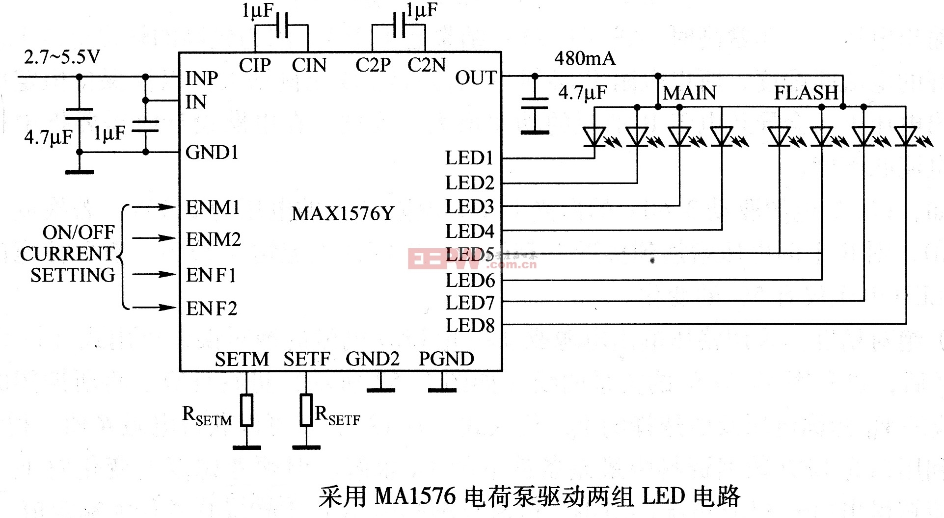 采用MA1576电荷泵驱动两组LED电路