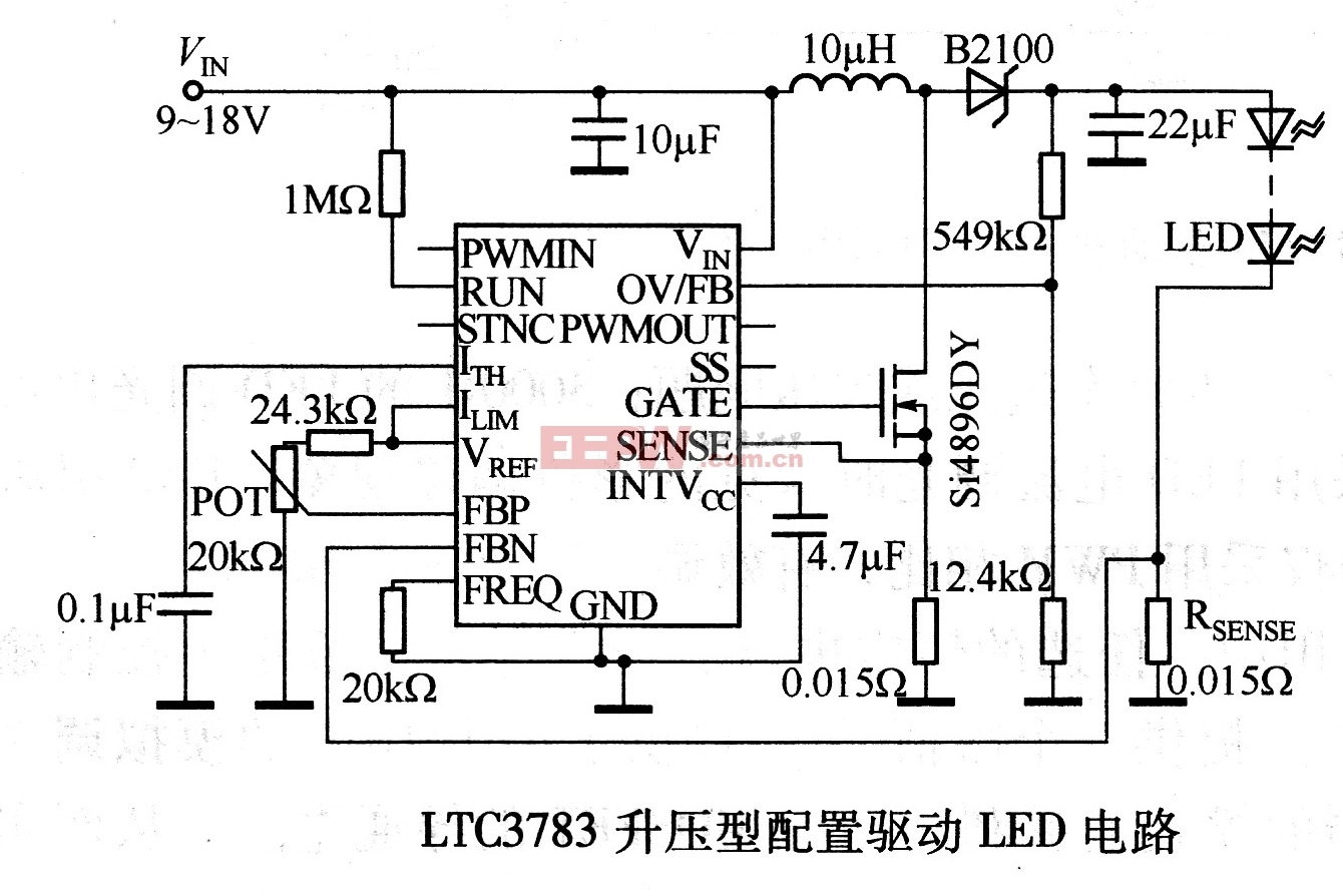 LT3783升压型配置驱动LED电路