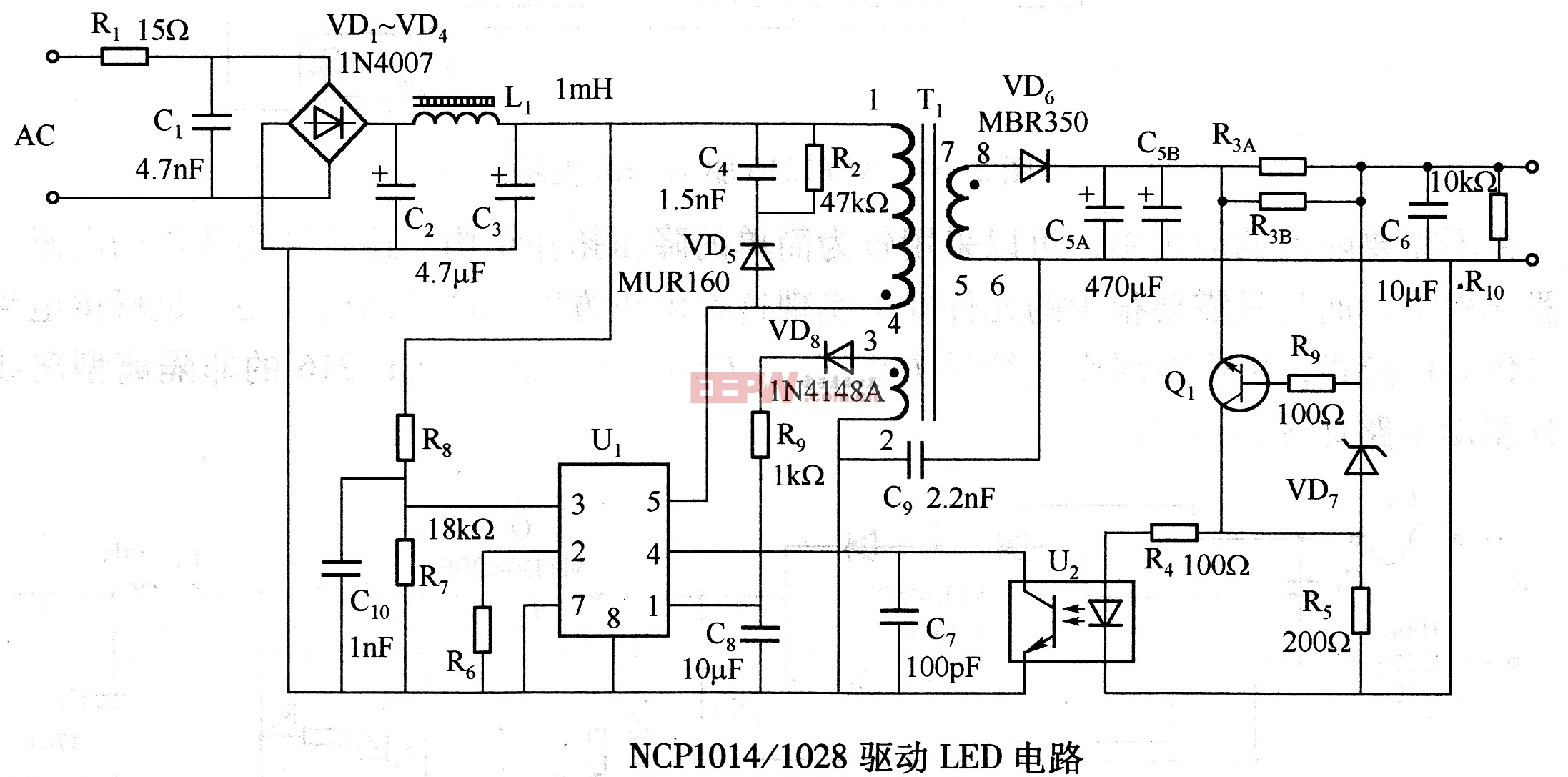 NCP1014/1028驱动LED电路