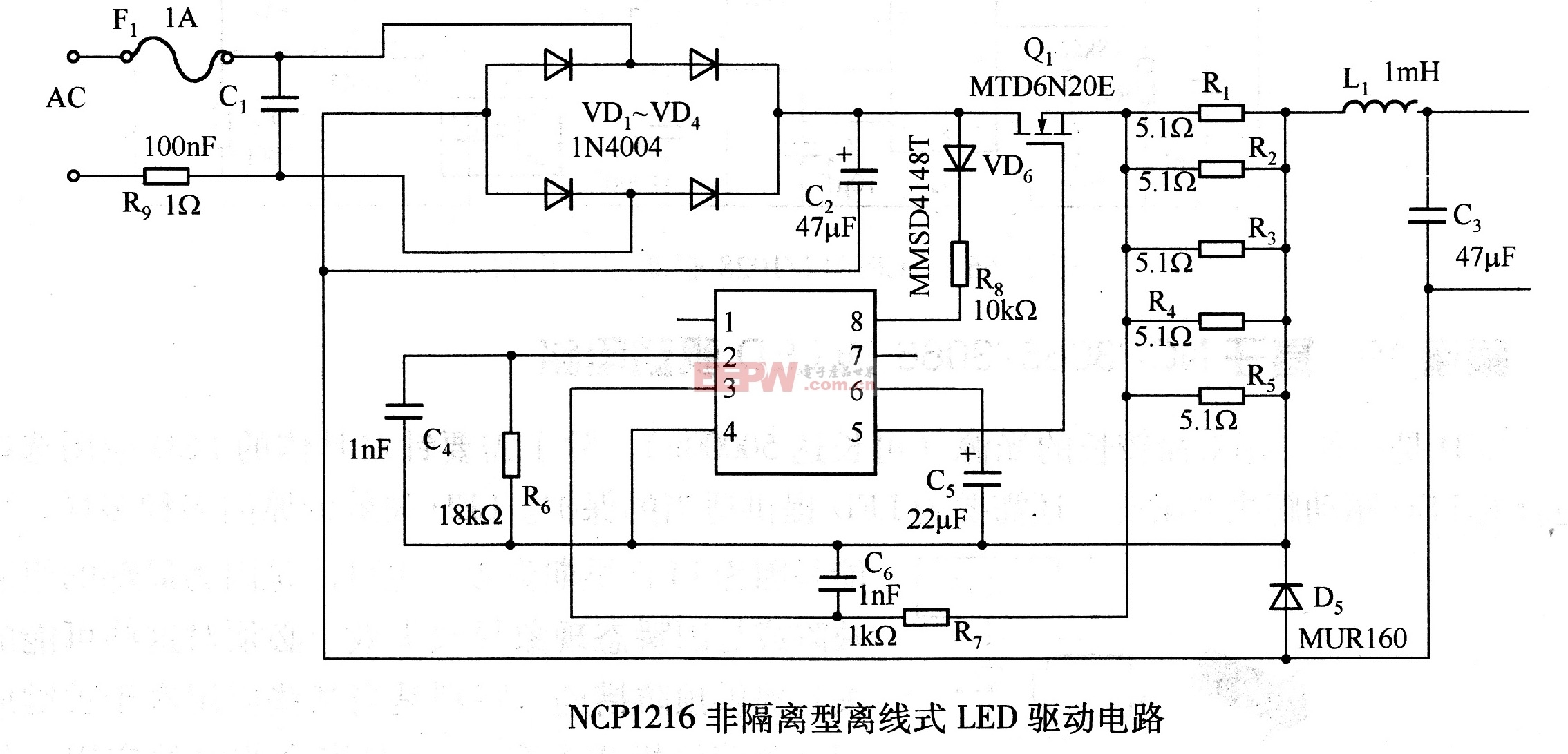 NCP1216非隔离型离线式LED驱动电路