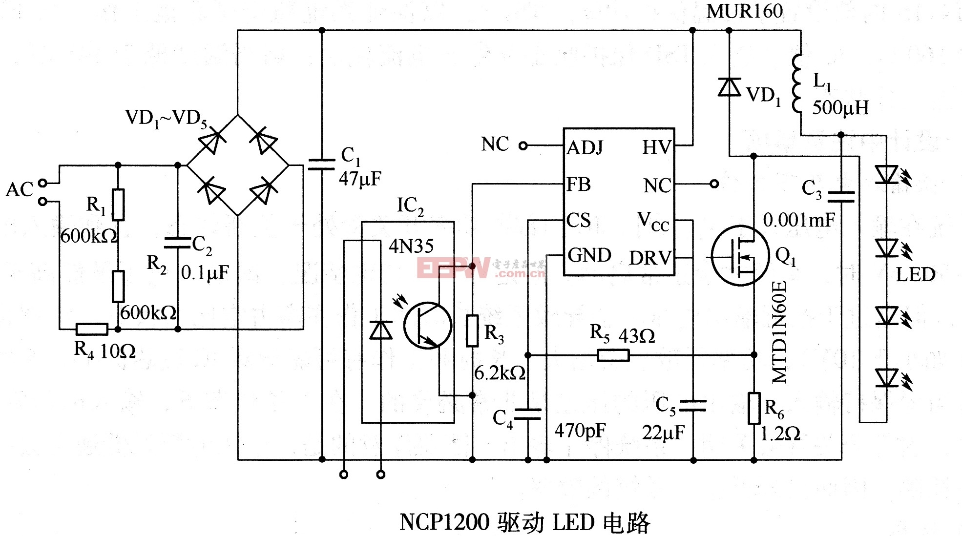 NCP1200驱动LED电路