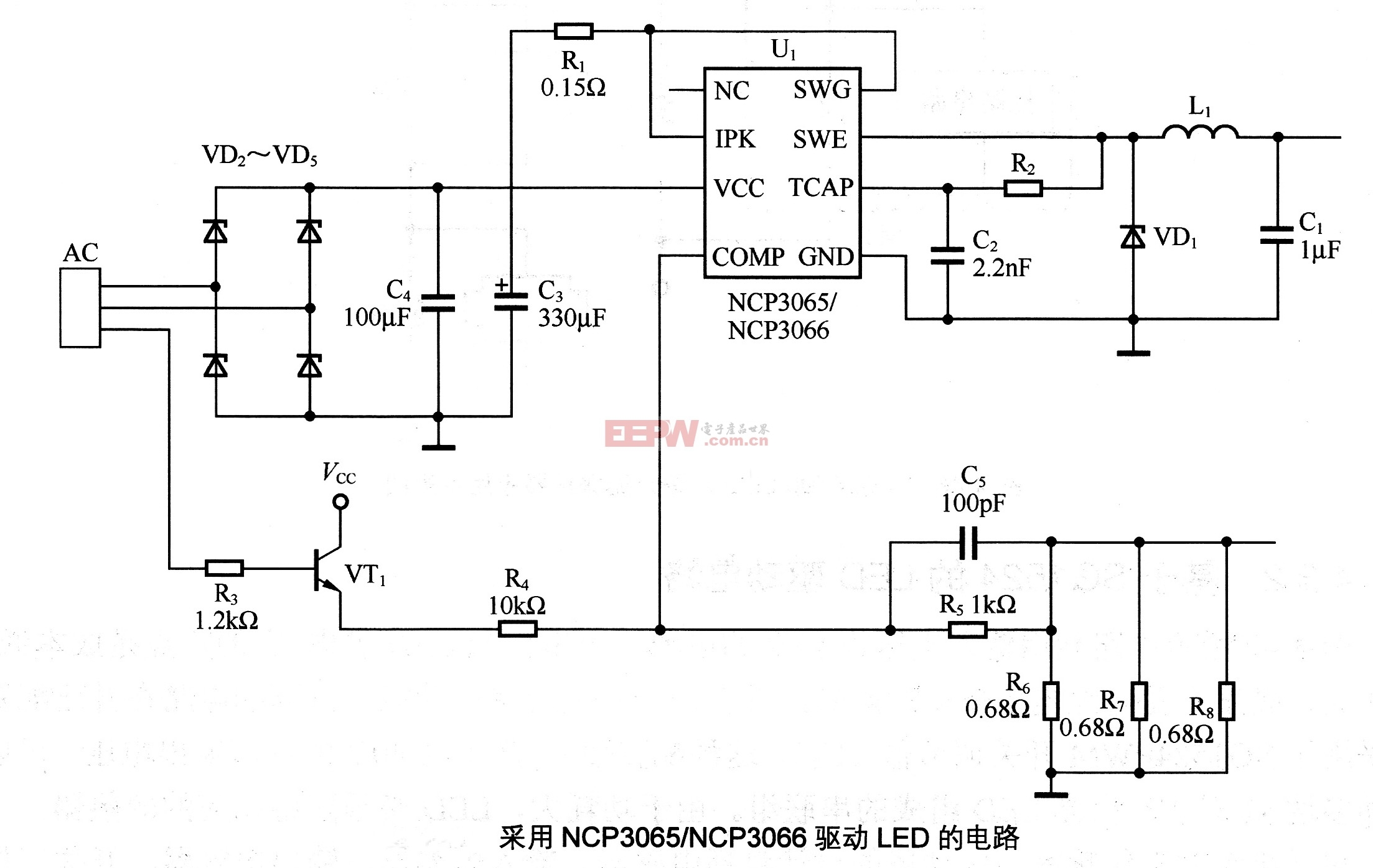 采用NCP3065／NCP3066驱动LED的电路