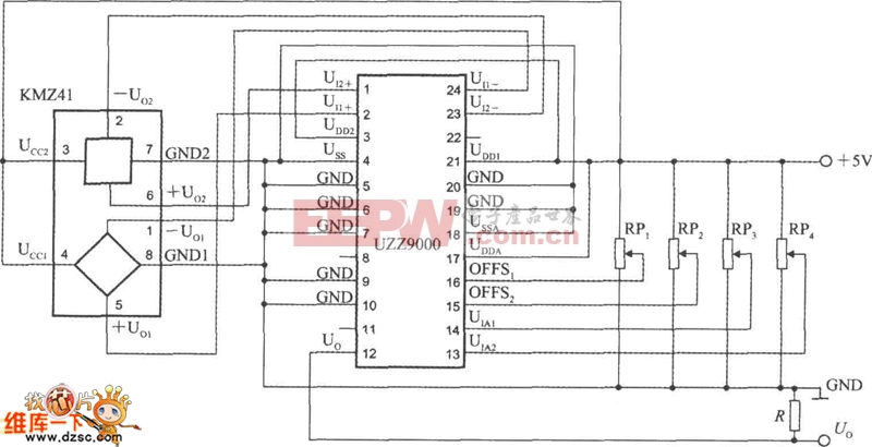 角度传感器信号调理器UZZ9000和磁阻式传感器KMZ41构成的电压输出式角度检测电路图