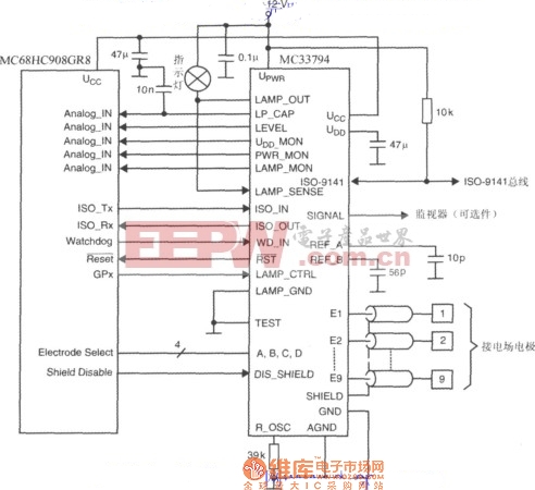 电场感应器件MC33794与微控制器的接线电路图