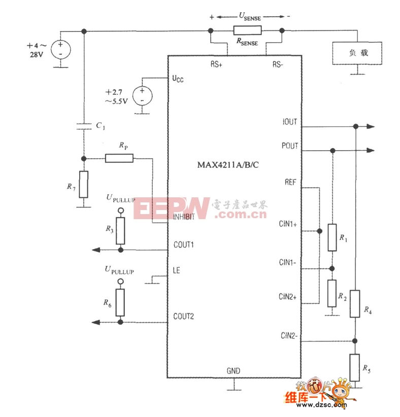 直流功率及电流测量系统MAX4211的典型应用电路图