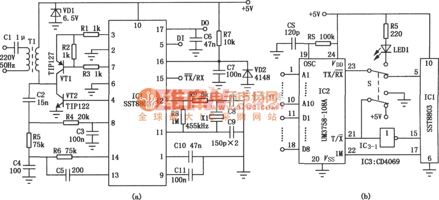 SST8803、UM3758-108A组成的数据传输调制／解调器电路图 