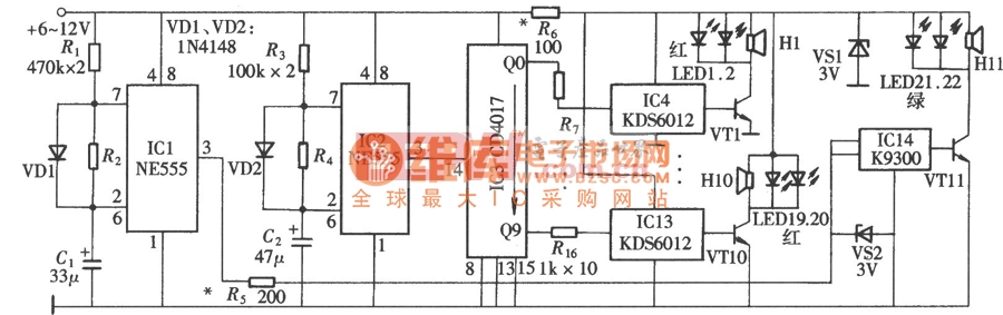 电子百鸟朝凤(NE555、CD4017)电路图 