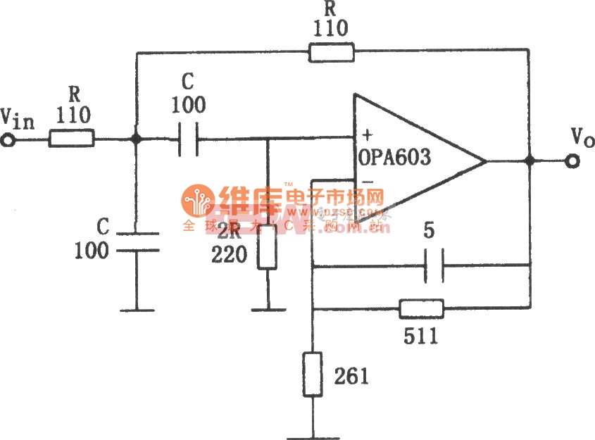 OPA603构成的10MHz带通滤波器电路图