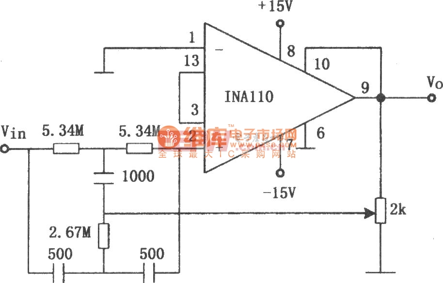 INA110构成的60Hz输入陷波滤波器电路图