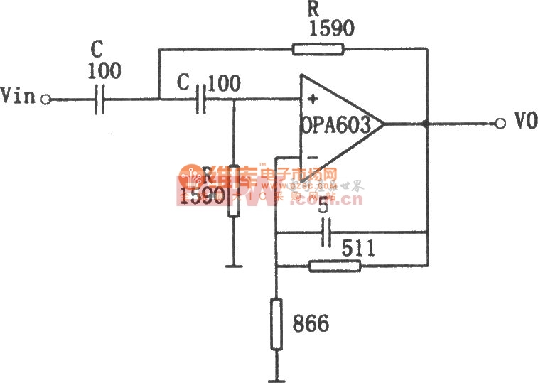 OPA603构成的1MHz高通滤波器电路图