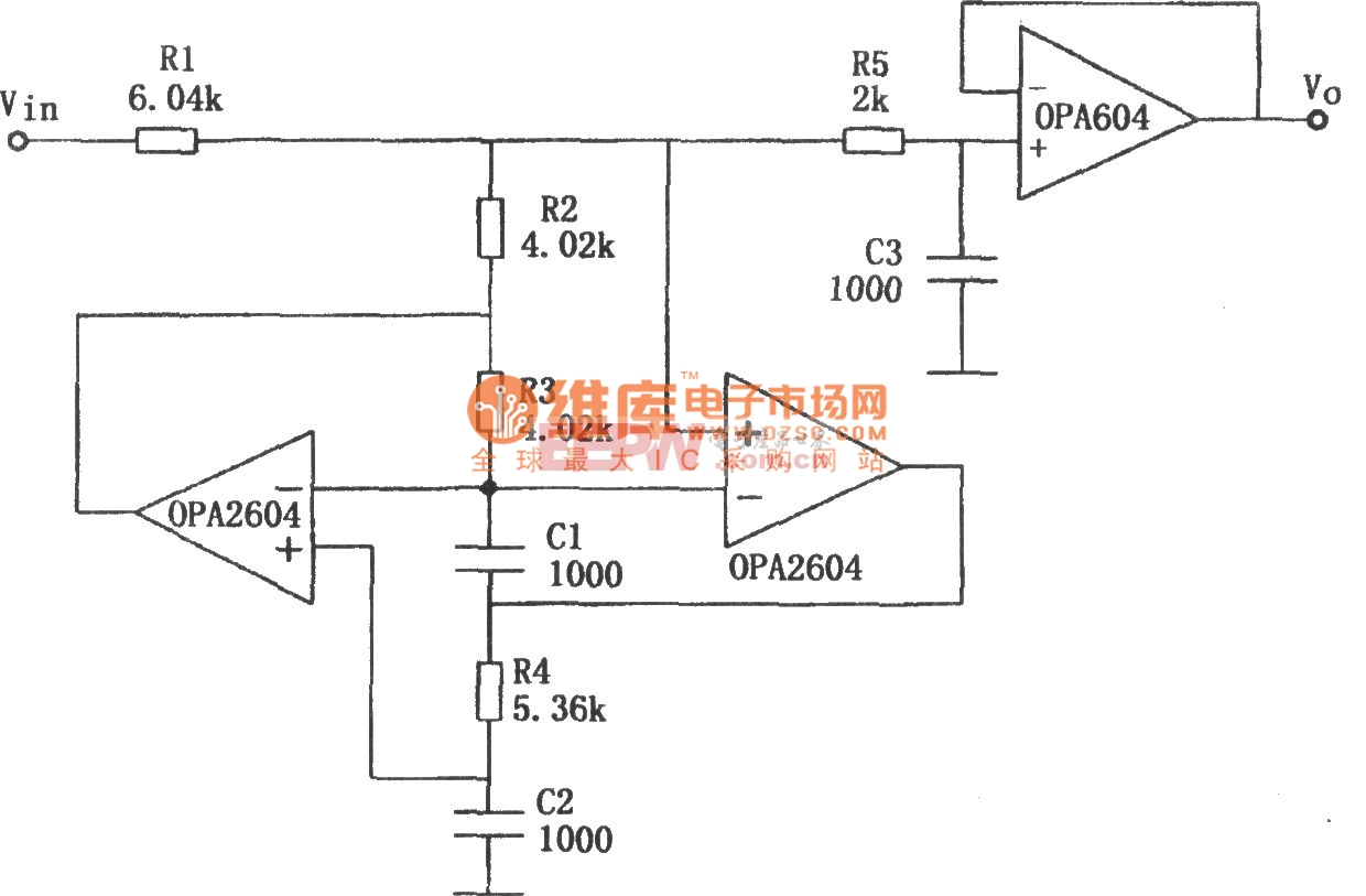 OPA2604构成的三阶低通滤波器电路图