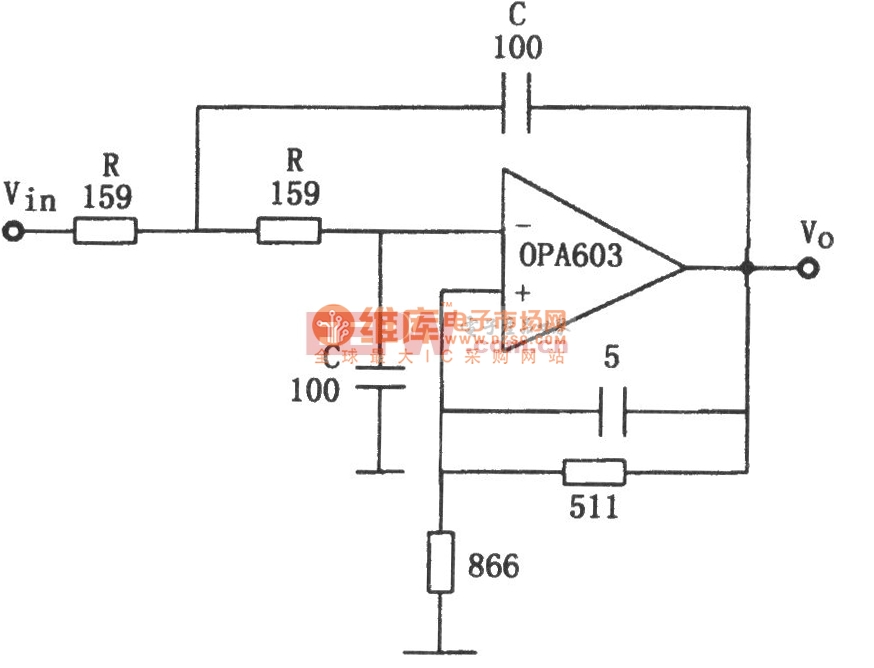 OPA603构成的10MHz低通滤波器电路图