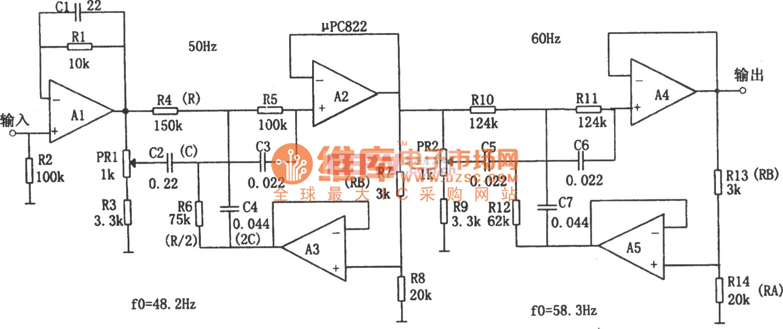 电源频率噪声滤波器(μPC822)电路图
