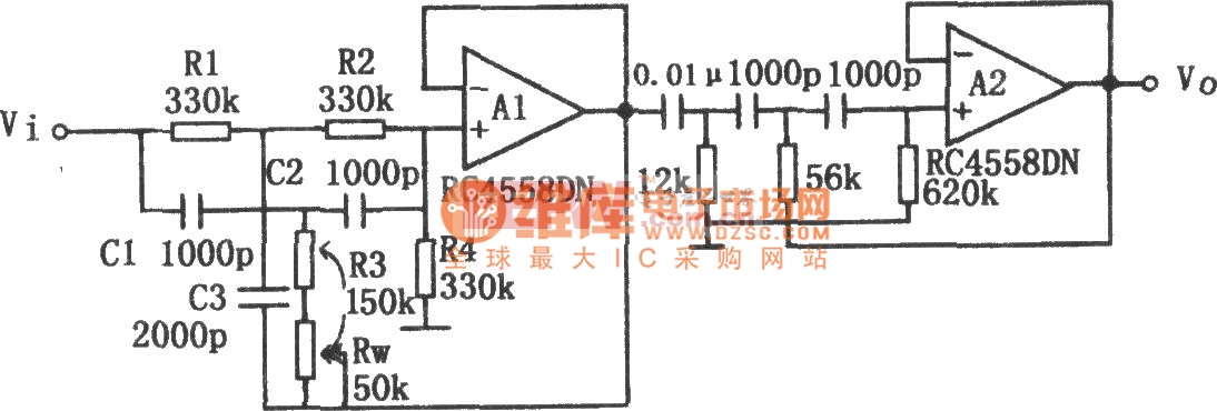 锐截止特性的有源高通滤波器(RC4558DN)电路图