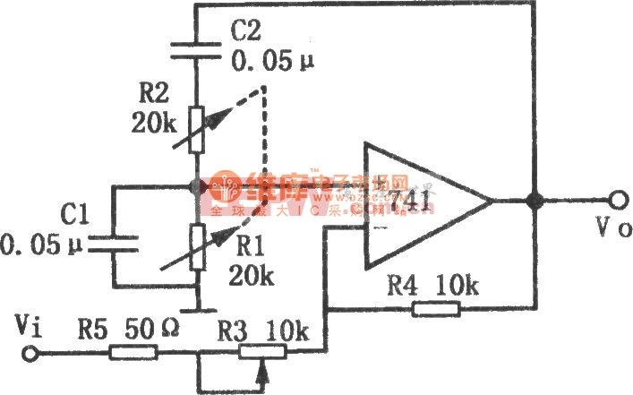 Q值和频率可调的窄带滤波器(741)电路图