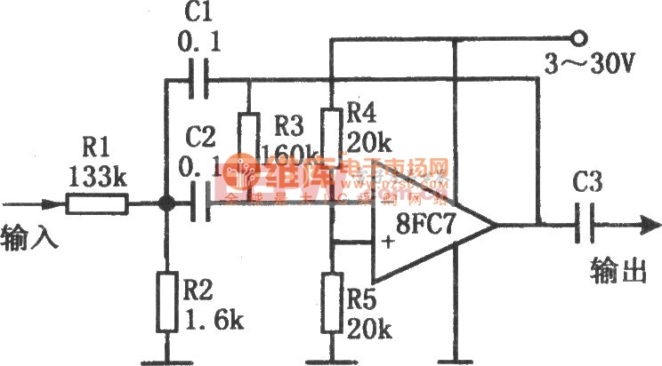 单电源低电压带通滤波器(8FC7)电路图