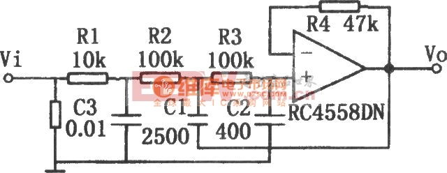 倍频程衰减-18dB的有源低通滤波器(RC4558DN)电路图