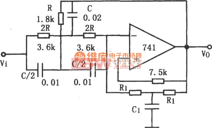 Q值可调的带阻滤波器(741)电路图