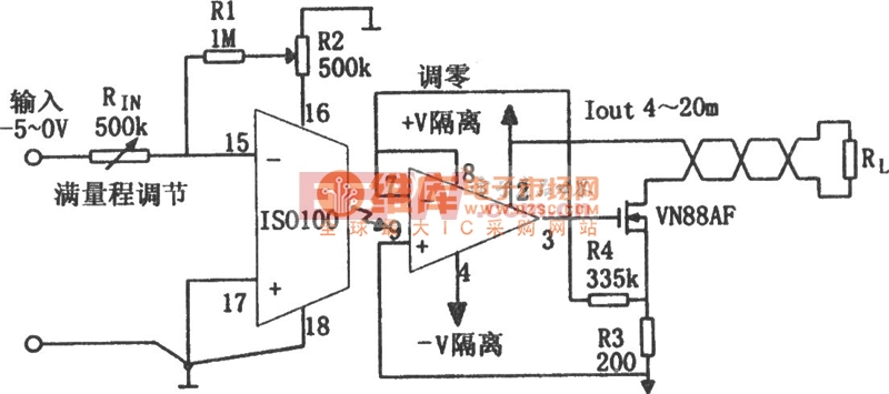 4～20mA隔离变送电路(ISO100)电路图 