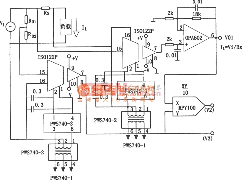 动力线负载V、I和P的隔离检测电路(OPA602)电路图 