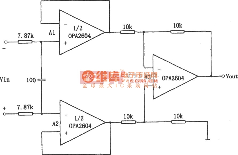 OPA2604构成的具有低通滤波的差动放大电路电路图