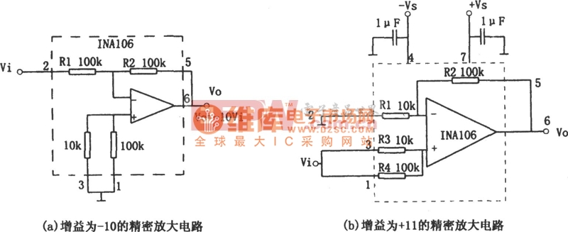 增益为-10和+11的精密放大器(INA106)电路图