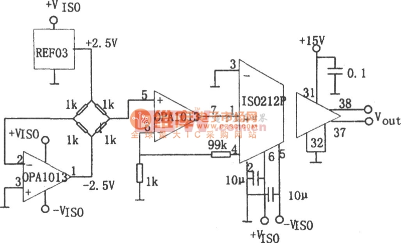 电桥传感隔离放大器(ISO212、OPA1013)电路图 