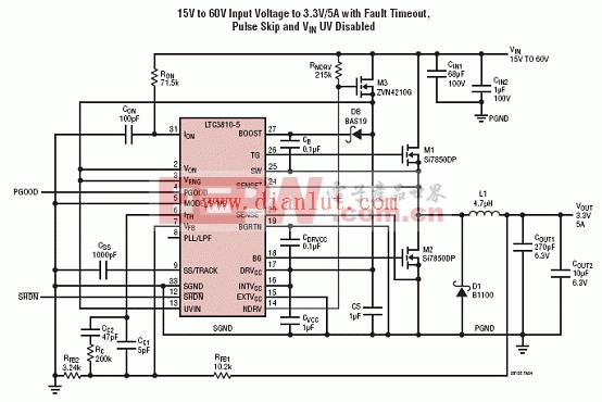 LTC3810-5输入15-60V输出3.3V/6A转换器