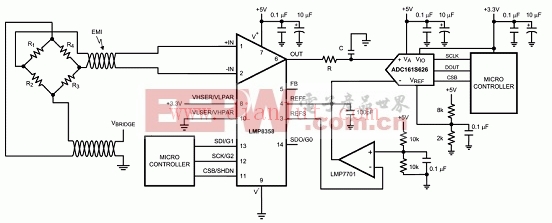 用LMP8358设计的差分桥接传感器应用电路图