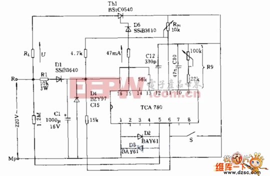 采用集成触发器TcA780的品闭管控制电路图