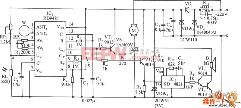 用RD9481多普勒效应传感器的电动机自动启动电路图(a)