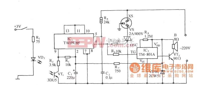 用TWH9205的光电耦合型过零控制插座电路图