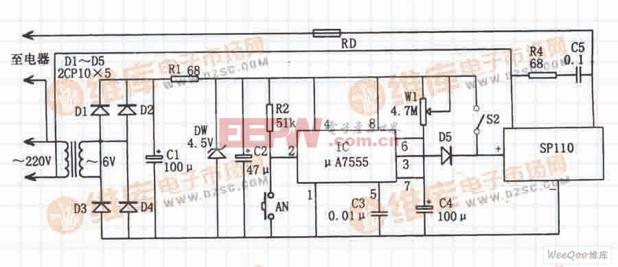 μA7555构成的交流电定时开关控制器电路