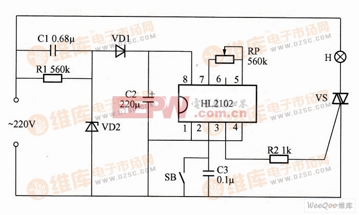 利用HL2102构成的延时式照明控制器电路
