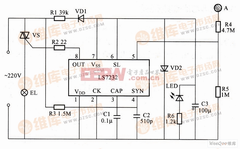 用LS7232构成的无级调光控制器电路