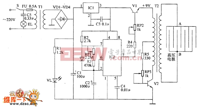 t1选用3～5w,二次电压为15v的电源变压器;"使用高压电击器用