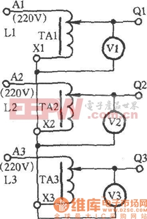 三只调压器星形接线获得0～433V电压电路图