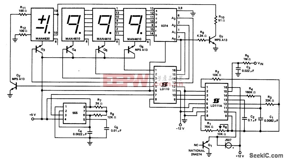 3-1/2数字式电压表（±200.0 mV）共阳极显示器电路