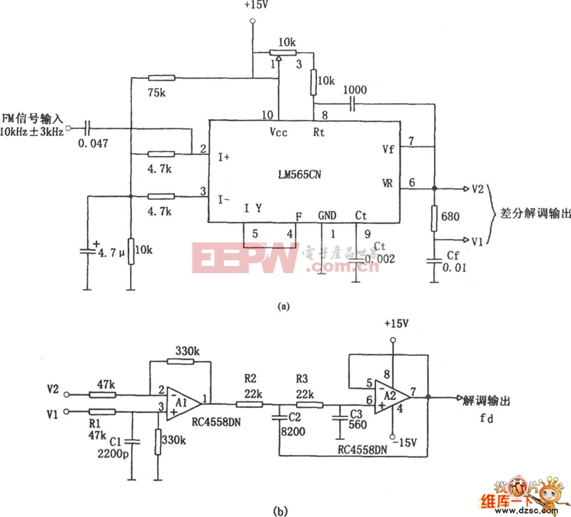 PLL调频解调器（LM565CN、RC4558DN）电路图