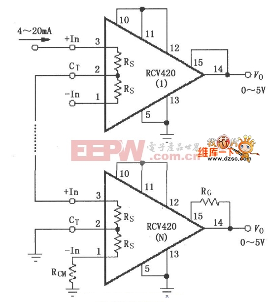 rcv420串联4～20ma接收器电路图