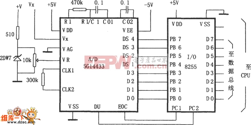 A/D转换器5G14433与微处理机的通用接口电路图