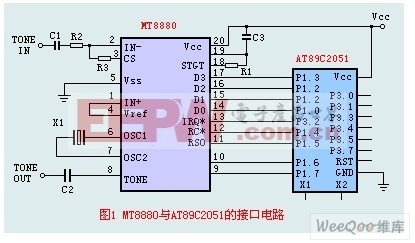 由MT8880与AT89C2051组成的接口电路图