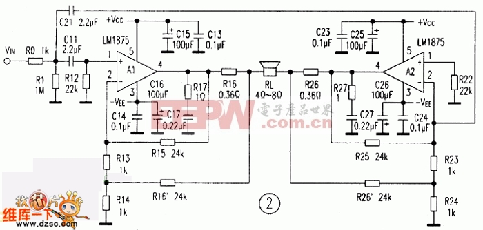 lm1875应用实验和电流反馈btl电路设计电路图(b)