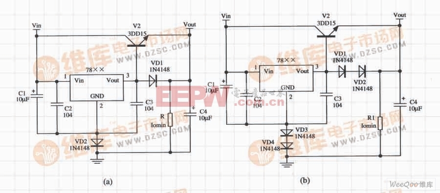基于W78××集成稳压器和NPN型功率管组成的扩大电流的应用电路